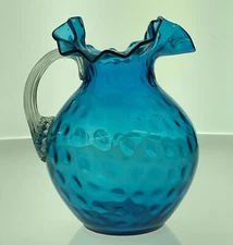 Jefferson Glass Blue Coin Dot Coin Spot Pitcher 1901 Flame Polished Pontil WOW!