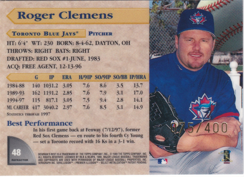 1998 Bowman's Best Refractors #48 Roger Clemens /400 - NM - Picture 2 of 2