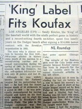 1965 periódico Sandy Koufax lanza un raro juego perfecto en Grandes Ligas de béisbol