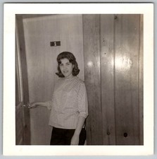 Vtg B&W Snapshot Woman Opening Door Gingham Blouse 1960s