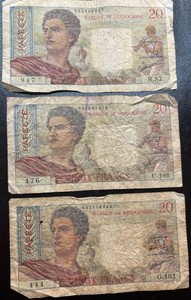 3 Vintage French Polynesia Tahiti 20 Francs Papeete Banknotes Circulated