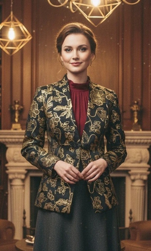 Soft Surroundings Black Gold Floral Jacket Blazer Frogging Medium Glam Retro