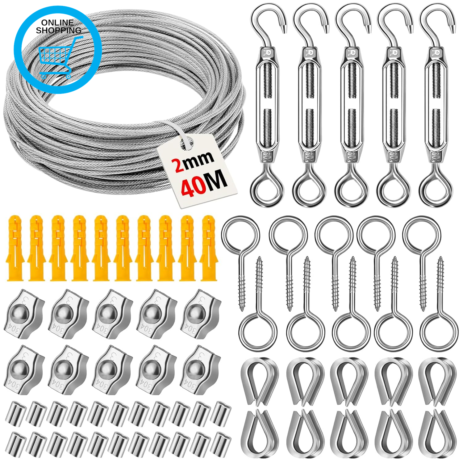 67Pcs Wire Rope Kit, 40M 2MM 304 Stainless Steel Garden Wire with M5 Turnbuckles