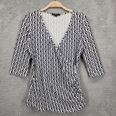 Adolfo Dominguez Womens Geometric Print V Neck 3/4 Sleeve Faux Wrap Top