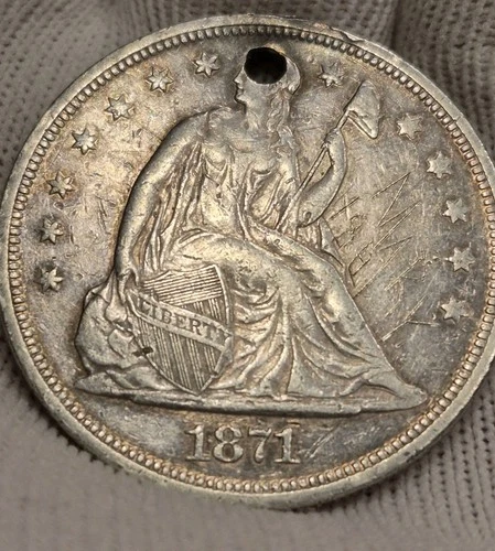 1871 P Seated Liberty Silver Dollar- XF AU Details Hole & Graffiti