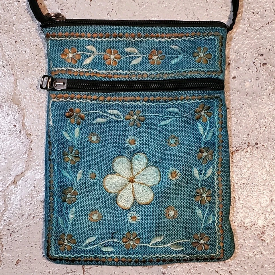 Lei Lotus Boho Embroidered 8" Crossbody Bag Embroidered Floral Blue Nepal Cotton - Image 4 of 4