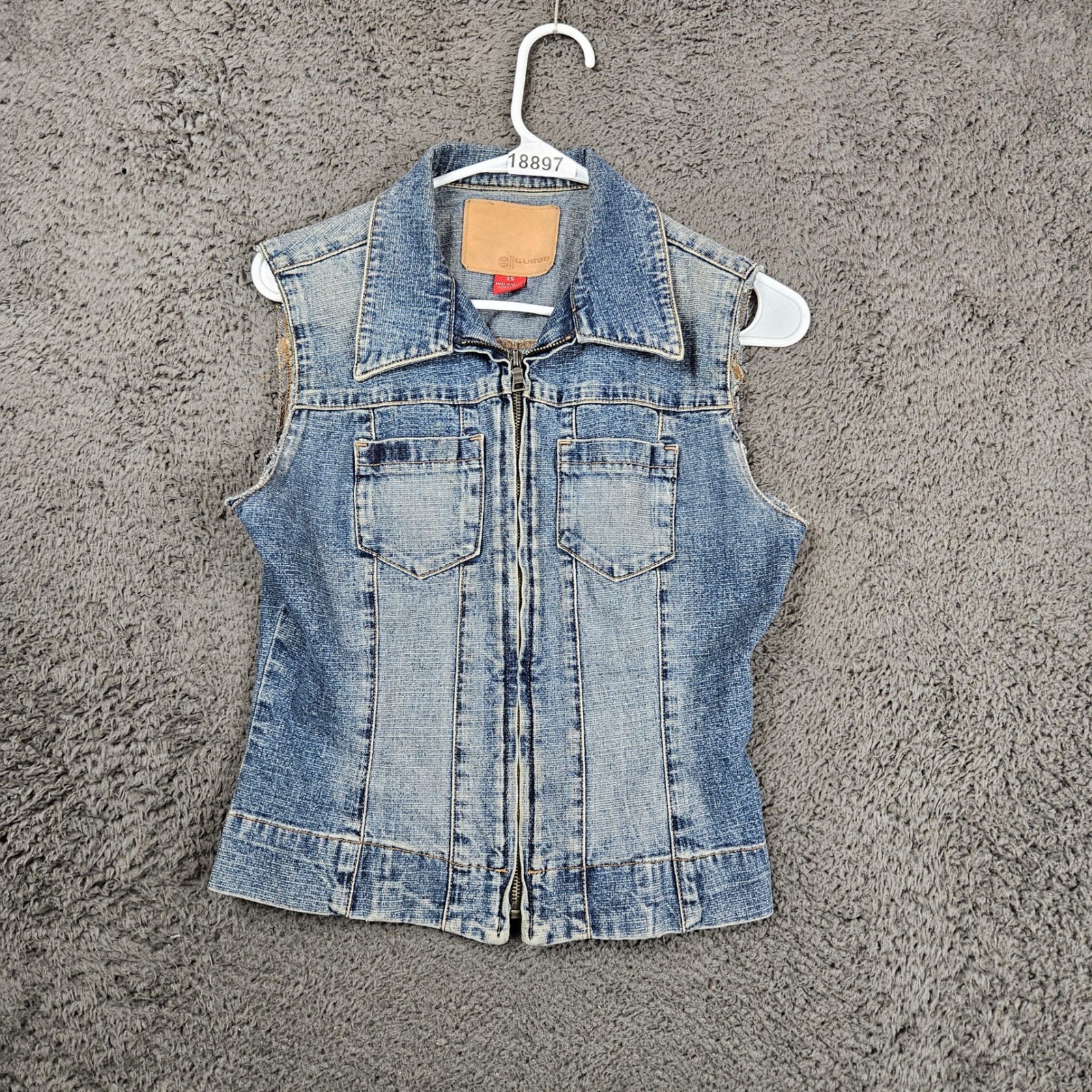 Guess Womens Denim Vest Jean Jacket Blue Stretch XS Zip Front Pockets Collar
