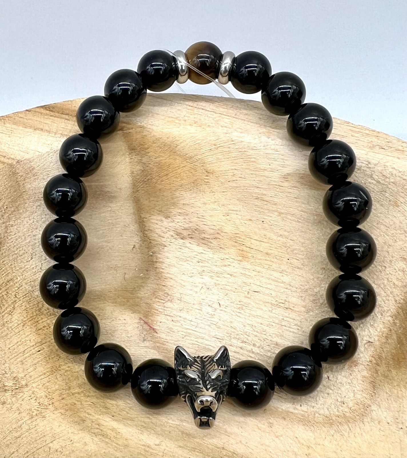 Bracelet oeil de tigre véritable et loup en acier inoxydable premium