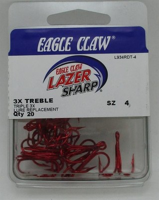 Eagle Claw L934RDTH4 3X Starke Lazer Rote Farbige Drillinge Größe 4 20 Stück