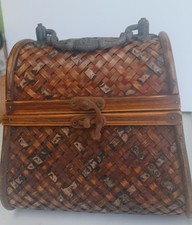 Vintage Hand Woven Cedar Wooden Purse, 7"Tall, Metal Handle And Metal Closure.