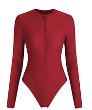 Red One Piece Women's Bodysuit with Long Sleeves and Zip Front Zipper Accent