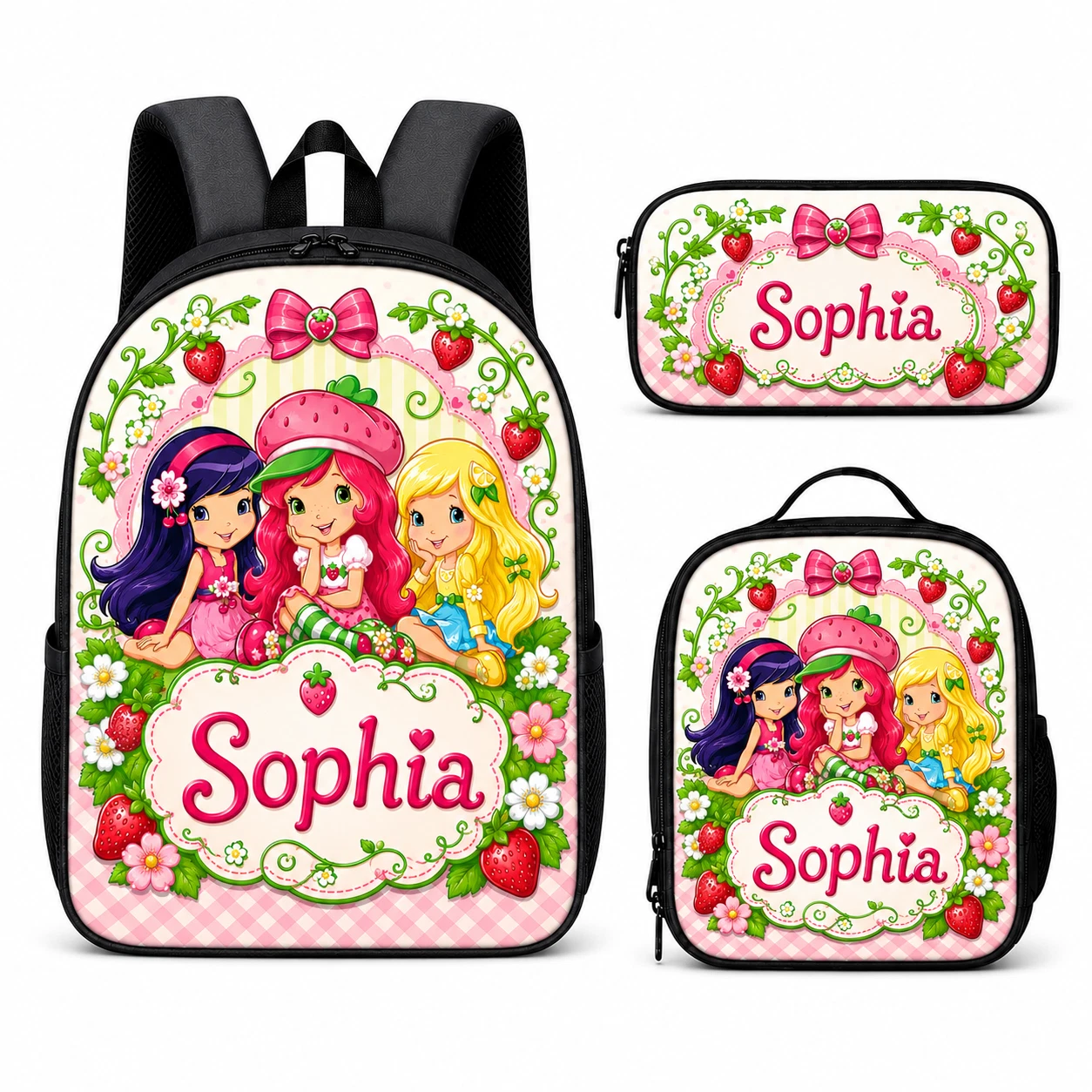 Strawberry Girls Backpack School Bag Lunch Bag Pencil Case Set Personalized Name