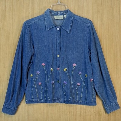 Womens Blue Denim Floral Shirt Vintage 90s Cottage Whimsy Cotton Medium Petite