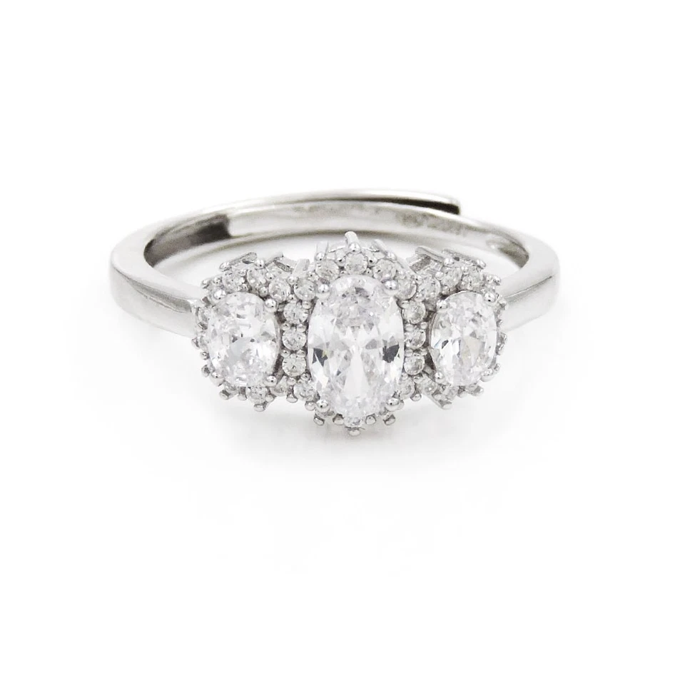 Anello Trilogy in Argento 925 con Pietre Ovali Grandi e Pavé di Zirconi Bianchi - Immagine 2 di 4