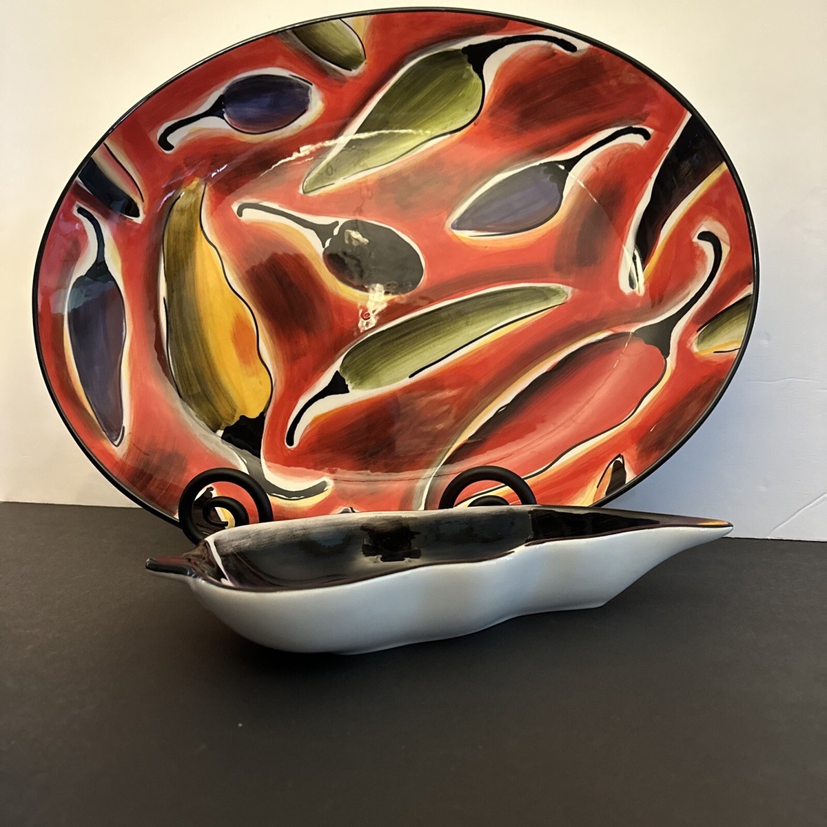 Clay Art Red Hot Chili Hand-Painted Stonelite Serving Platter Dip Bowl 