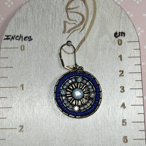 Gold Tone Blue Wagon Wheel Flowers Dangle Earrings. Festive. Lever back. S882 - Picture 3 of 3