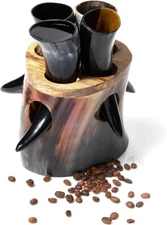 Medieval Warrior Genuine Ox Horn Shot Glass Set of 4 (12oz) with Stand