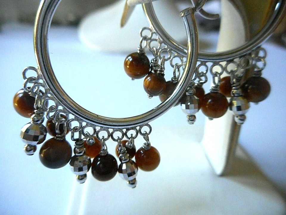  Sterling Silver Tigers Eye Bead Dangle Cha Cha Hoop Earrings  29A14 - Image 3 of 4