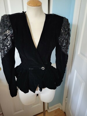 Vintage 80s Zum Zum Black Velvet Bolero Evening Jacket M Peplum LACE Back  Bow