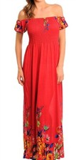 Sexy red floral long maxi Dress sundress smocked empire waist Off Shoulders Y2K