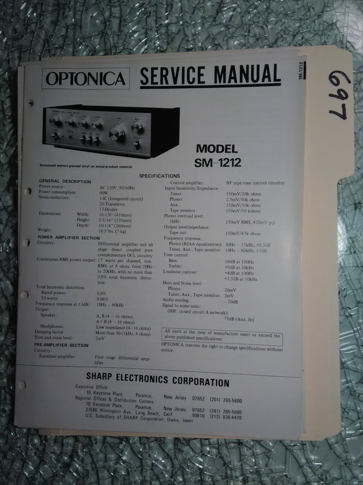 Optonica Sharp sm-1212 service manual original repair book stereo amp amplifier