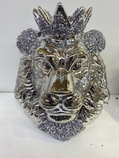 Silver Chrome Crushed Diamond Lion King Face Crystal Ornament Statue Shelf Décor