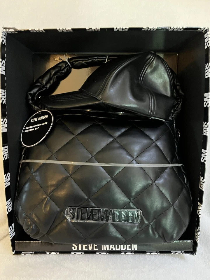 NUEVO EN CAJA Steve Madden Conjunto de Regalo Negro Acolchado Nylon Hobo y Gorra de Béisbol Aspecto de Cuero Foto 2 de 4