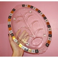 Vintage Inland Glass MCM Clear Meat Platter Atomic Gold Black Starburst tray