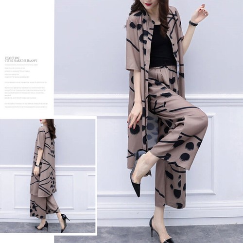 Conjunto informal de 2 piezas de gasa para mujer Traje suelto Pantalones de pierna ancha + Conjunto de blusa larga} - Imagen 8 de 15