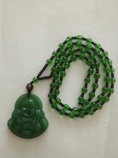 Beautiful Green Jade Buddha Pendant & Crystal Ball Necklace-UK seller
