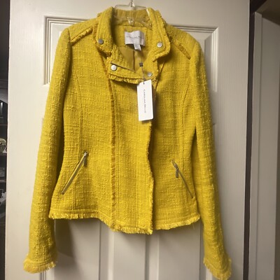Carolina Belle Montreal Moto Jacket Yellow Tweed Frayed Trim Women
