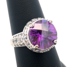 Designer 925 Sterling Silver Round Cushion Amethyst CZ Accents Cocktail Ring