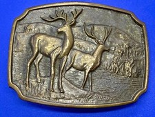 DEER with Doe Nature Wildlife Scene Solid Brass Vintage 1978 BTS Belt Buckle