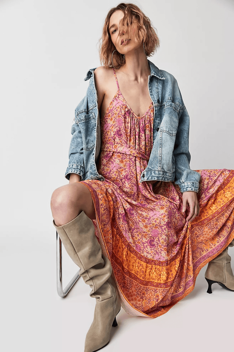 floral maxi dress with cowboy boots Floral Dress And Brown Boots Ankle Boots Floral Dress With Knee High Boots Outfits With Dark