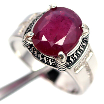 Gemma x 12 MM Rosso Rubino Bianco Zircone Smalto Uomo Anello 925  Argento