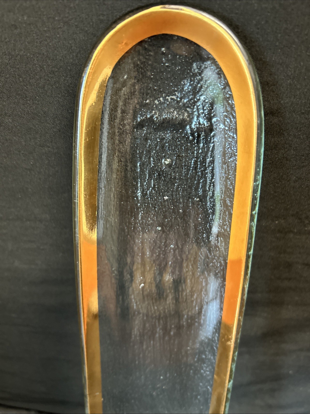 vintage SIGNED  ANNIE GLASS 16.5"x 3.5" ROMAN ANTIQUE GOLD RIM SERVING PLATTER