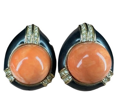 Vintage CINER Faux Coral Black Enamel Clip On Earrings Excellent Condition 
