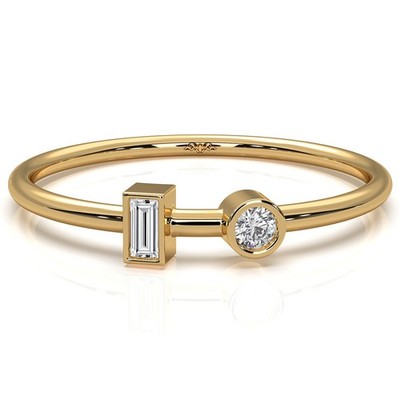 Damenring mit zwei Steinen Lünette Baguette & runder im Labor gezüchteter Diamant 14 Karat Gold 0,08 ktw