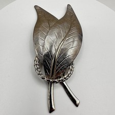Vintage 80s Silver Tone Textured Double Leaf Brooch Pin Women's Classic Jewelry