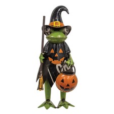 Witch Frog Figurine Recycled Metal Halloween Decor 12.5" Rustic Primitive