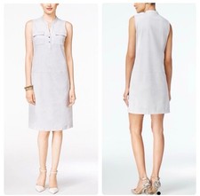 Alfani Faux Suede Sleeveless Shift Dress Light Grey Sz 12P Henley Neck