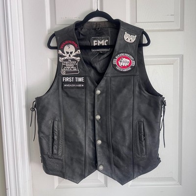 First Manufacturing Leather Biker Vest Mens XL Patched Black Motorcycle Club FMC