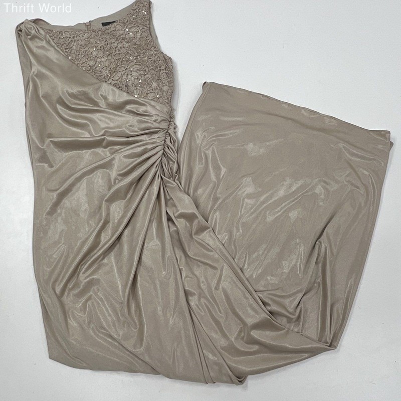 Adrianna Papell Women's Champagne Lace Sequin Draped Ruched Gown Dress Size 4