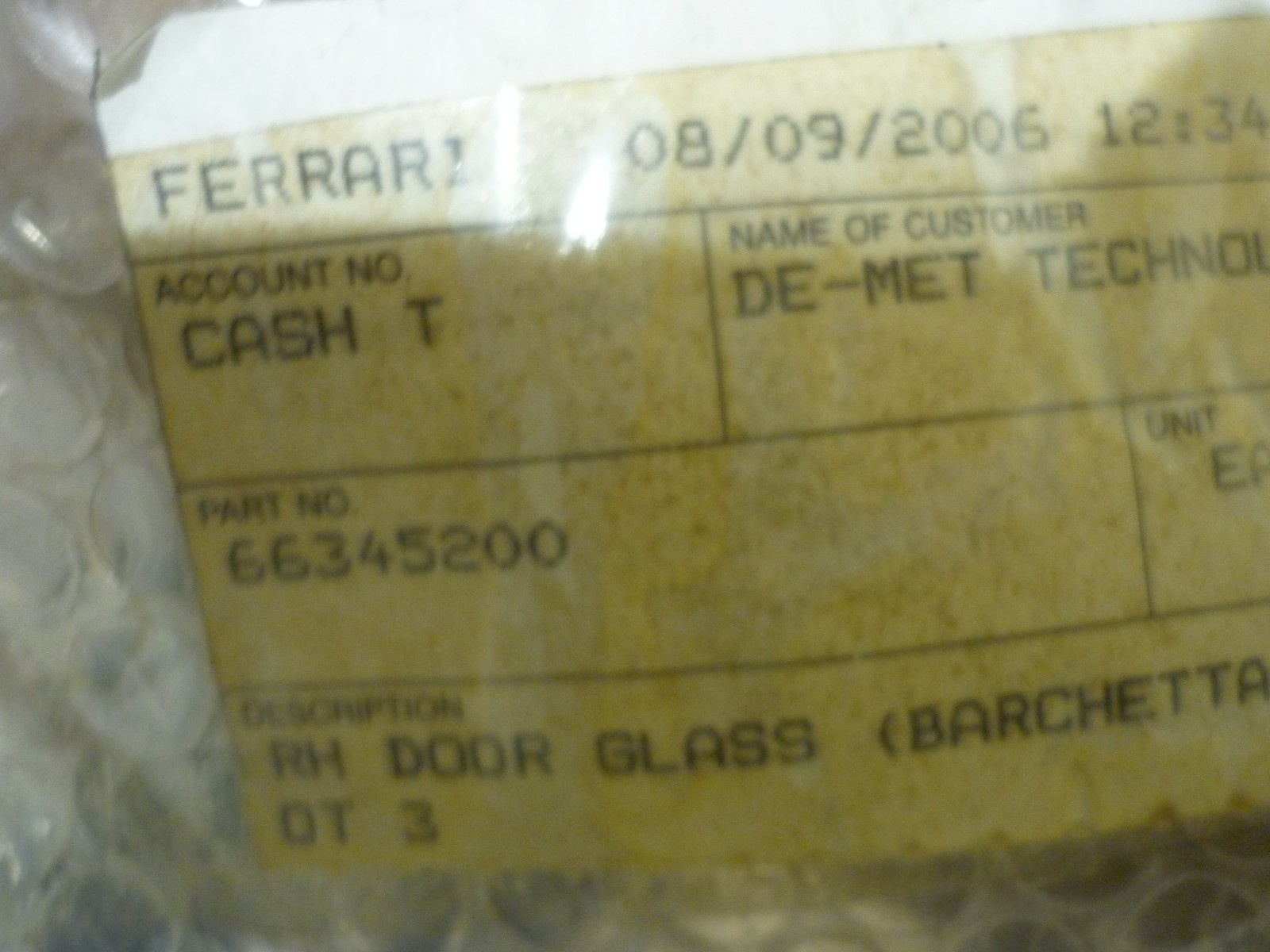 Ferrari 550 Barchetta- RH Door Glass (NEW)  - P/N 66345200