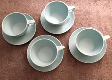 Vintage Mallo Ware Cups & Saucers Turquoise 1950's Set of 4 Made in USA #37 & 55