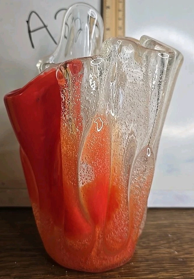 Small Bubble Art Glass Handkerchief Vase Orange Vintage