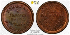 1861-65 Civil War Token F-145B-1a G L Bowne / Bingham Jarvis Drugs PCGS MS-63 RB