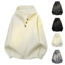 Mens Knitted Hooded Sweaters Warm Thicken Casual Half Button Solid Color Tops