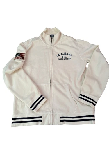OFF WHITE Giacca Vintage Polo Ralph Lauren USA FLAG JEANS Zip Up Uomo Track Cream RARA L