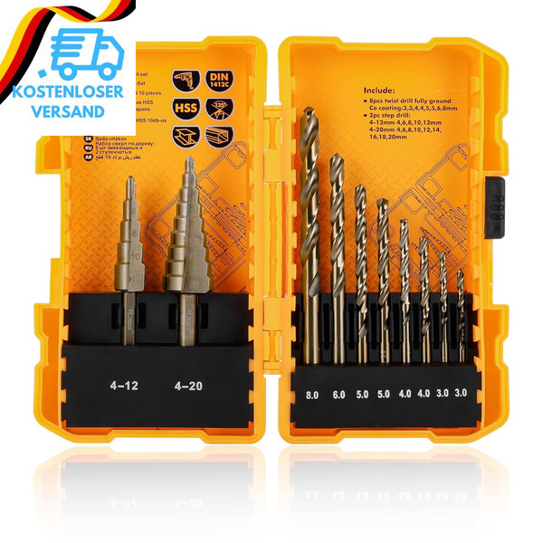 Hoteche Hss Bohrer Set 10 Tlg. - Spiralbohrer Und Stufenbohrer - Hochgeschwindig-image